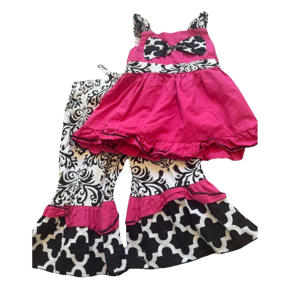 Ann Loren Girls Pink Black 4 5 Summer Swing top Flare Ruffle Cropped Pants Set